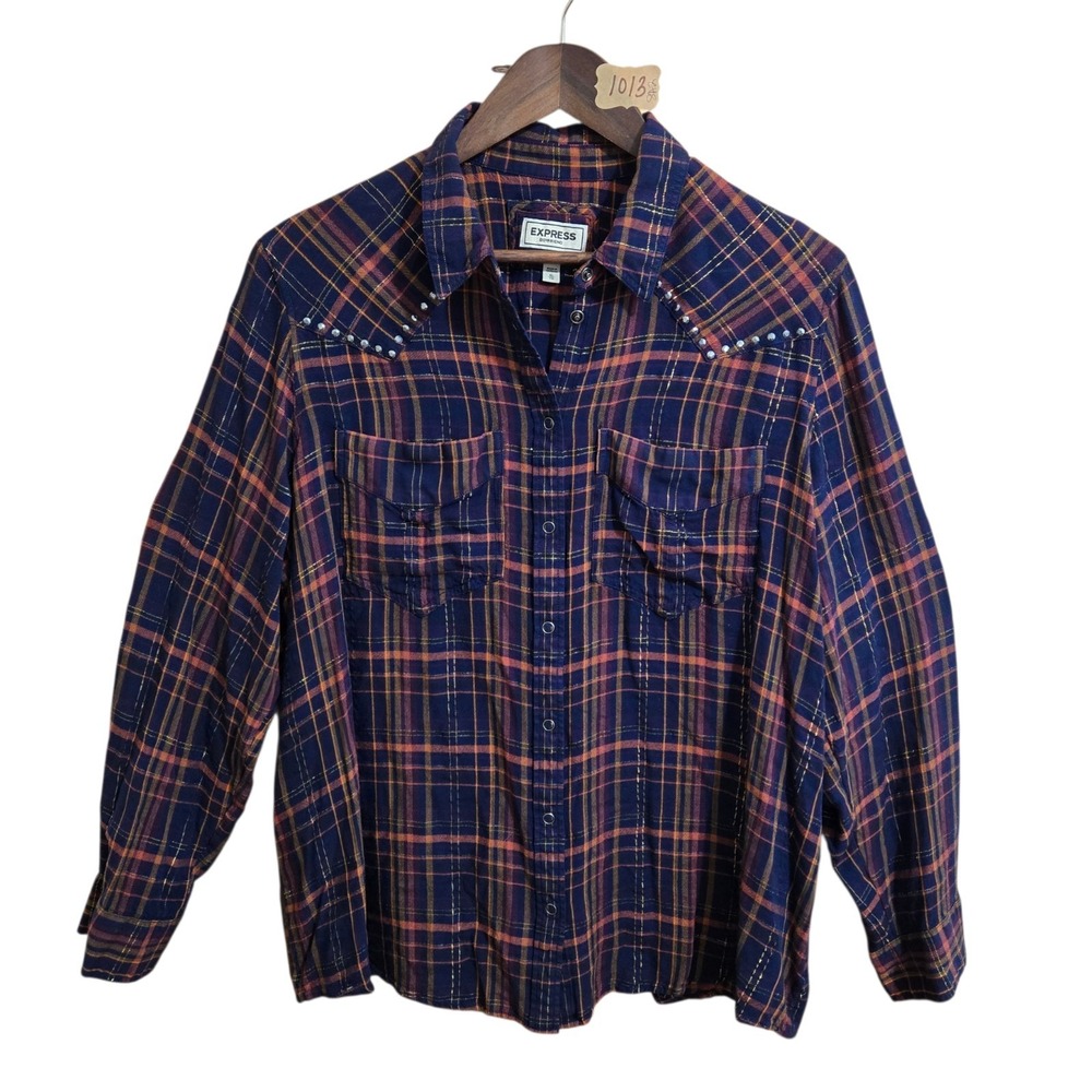 Express Women's Boyfriend‎ Shirt Size XL Blue Orange Plaid Long Sleeve Snap Up